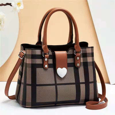 Triple Compartment Women's Top Handle Satchel Leather Plaid Crossbody Shoulder Bag