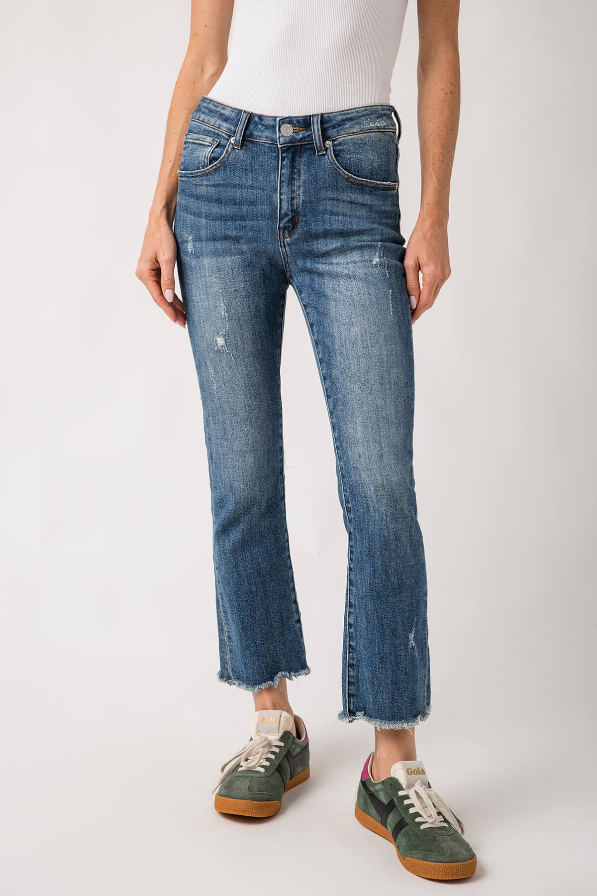 Risen Slightly Distressed Frayed Hem Straight Leg Jeans