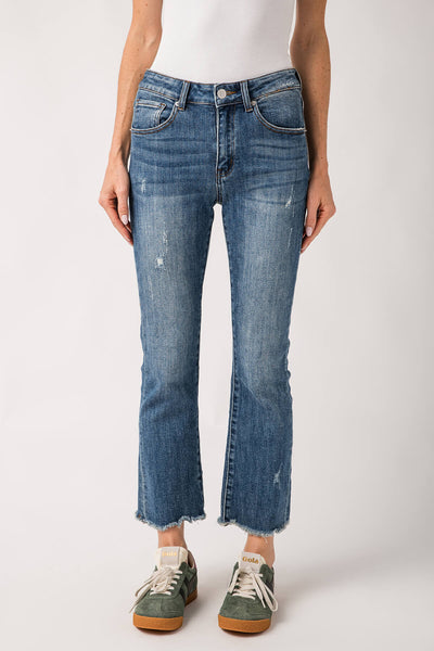 Risen Slightly Distressed Frayed Hem Straight Leg Jeans