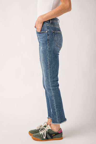 Risen Slightly Distressed Frayed Hem Straight Leg Jeans