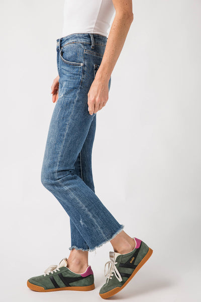 Risen Slightly Distressed Frayed Hem Straight Leg Jeans